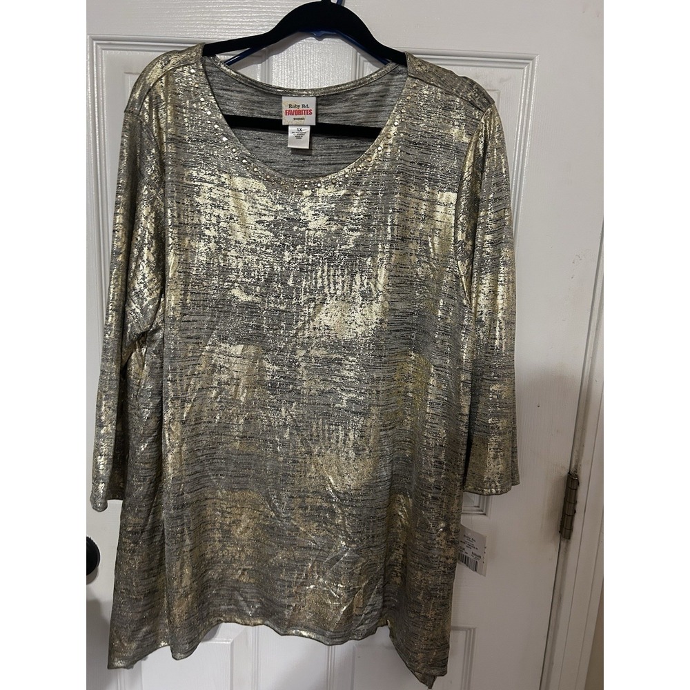 Ruby Rd. Gold Gray Womens Blouse Shirt Blouse Metallic Plus 1x